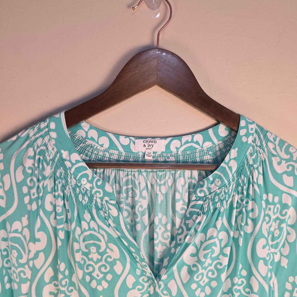 Crown & Ivy Dress Womens 10P Turquoise White Damask Cotton 3/4 Sleeve Pockets - Picture 3 of 13